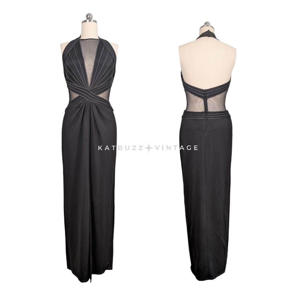 Vintage Tadashi Prom Dress Maxi Gown L Black V Halter Mesh Cut Out Glam 90S